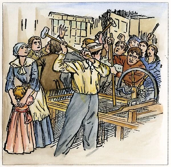LUDDITES, 1811. English workers and Luddites smashing a spinning jenny in a factory