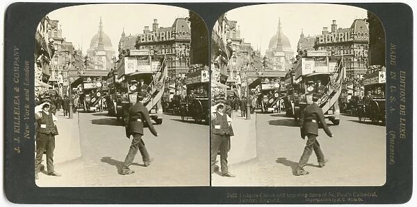 LUDGATE CIRCUS, c1909. Ludgate Circus and imposing dome of St. Pauls Cathedral, London, England