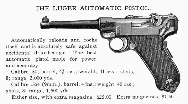 LUGER AUTOMATIC PISTOL. American advertisement for a Luger automatic pistol, early 20th century