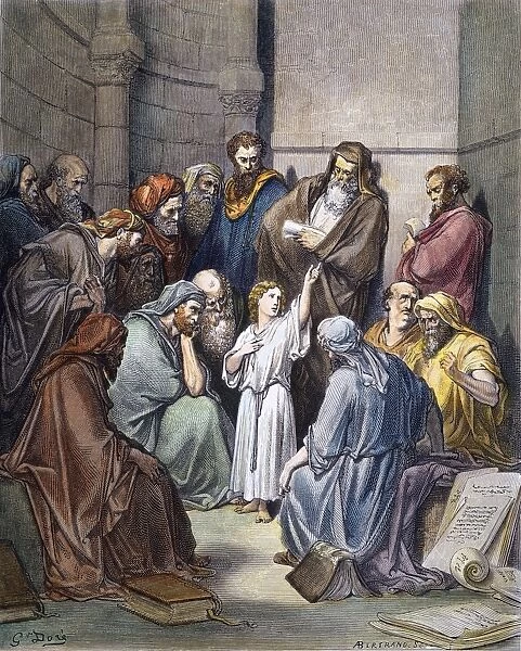 (Luke 2: 49). Color engraving after Gustave Dor