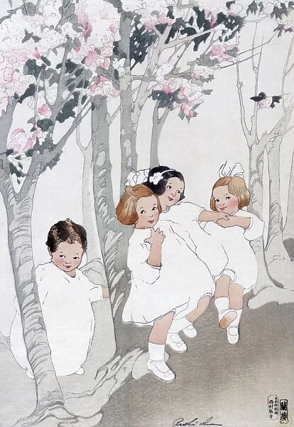 LUM: CHERRY TREES. Four children dancing beneath blossoming cherry trees