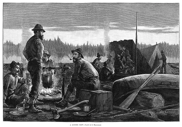 LUMBERING, 1887. A Lumber Raft. Engraving after a drawing by J. Macdonald, 1887