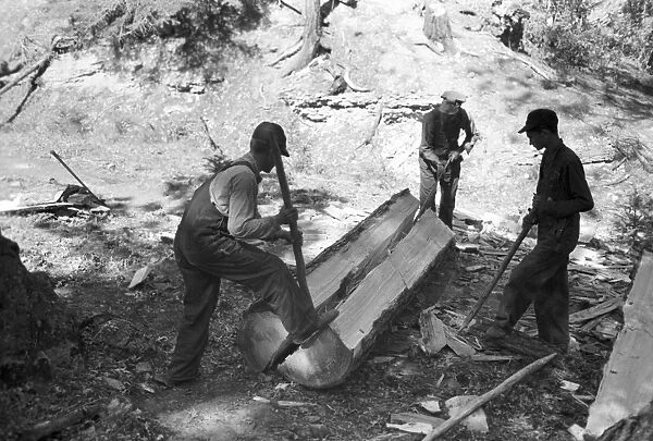 LUMBERJACKS, 1940. Splitting a log in a tie-cutting lumber camp, Pie Town, New Mexico