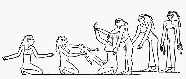 Last Macedonian queen of Egypt. Cleopatra giving birth, in a kneeling position with her arms raised. After a bas-relief in the Temple of Esneh