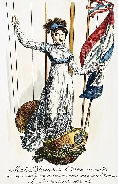 Madame Jean Pierre Blanchard rising in a balloon above Turin, Italy, in 1812: contemporary French colored engraving