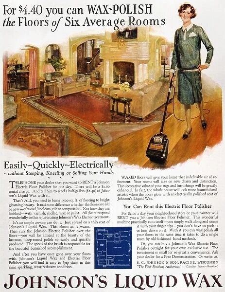 MAGAZINE ADVERTISEMENT. Advertisement for Johnsons Electric Floor Polisher and Johnsons Liquid Wax from an American magazine of 1927