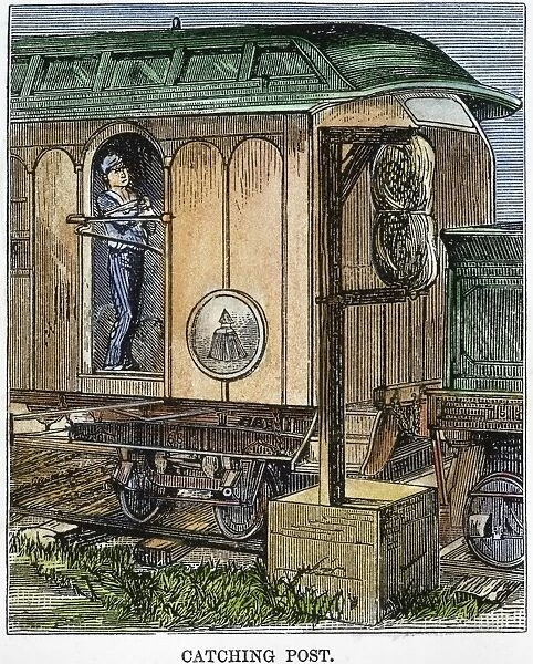MAIL CATCHING POST, 1875. Catching post for mail on the railroad line between New York and Chicago: wood engraving, American, 1875