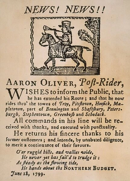 MAIL-SERVICE AD, 1799. Aaron Oliver offers his service as post-rider in this woodcut