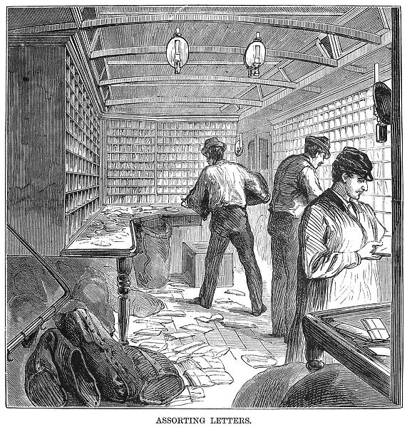 MAIL TRAIN, 1875. Sorting the mail on the Lightning Express mail train between New York and Chicago, Illinois. Wood engraving, 1875