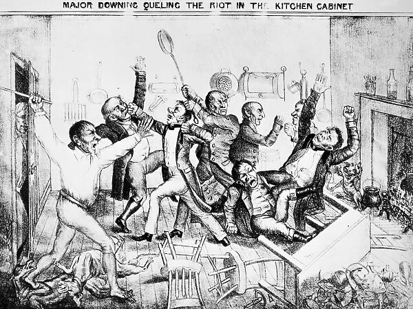 Major Downing Queling the riot in the Kitchen Cabinet. Lithograph cartoon, c1833. Major Jack Downing was the humorous Yankee figure created by the writer Seba Smith