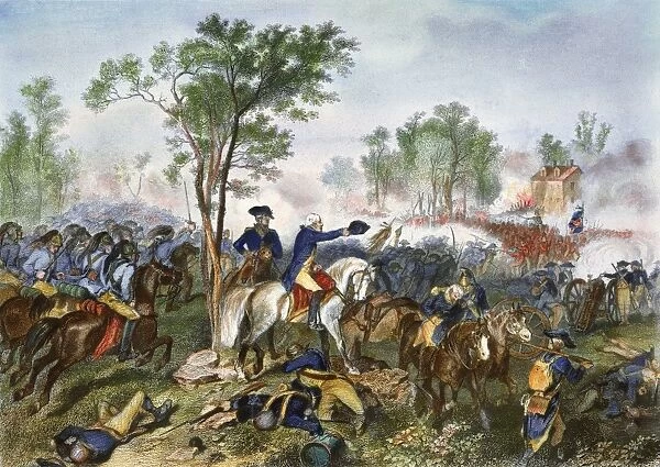 Major General Nathaniel Greene (waving hat) at the Battle of Eutaw Springs, South Carolina, 8 September 1781. Steel engraving, 1874