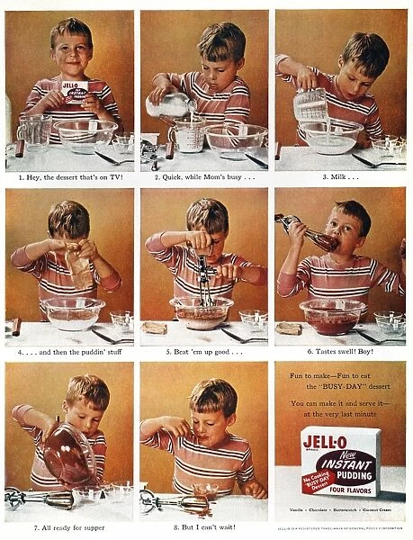 You Can Make It and Serve It--At the Very Last Minute. Advertisement for Jell-O instant pudding, the Busy-Day dessert, from an American magazine, 1955