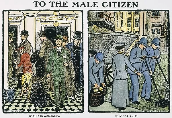 To the Male Citizen  /  If This Is Womanly - Why Not This? Cartoon by Mary Ellen Sigsbee, c1910, supporting the right of women to engage in civil professions and occupations, especially in supervisory capacities