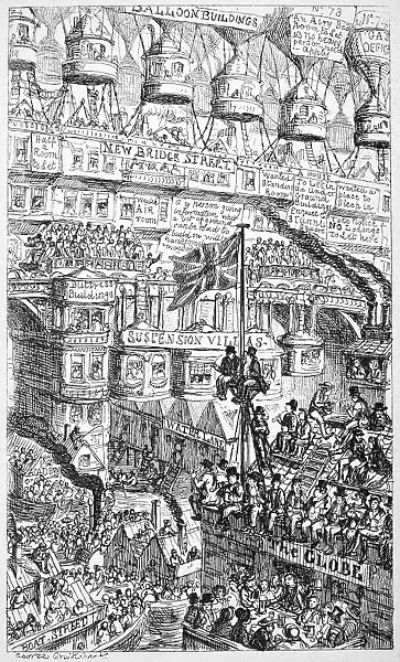 A Malthusian view of an overcrowded London, England, of the future. Etching by George Cruikshank after the writings of Thomas Malthus, 1851