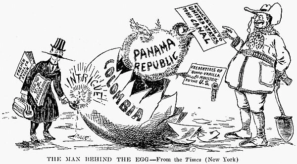 The Man Behind the Egg. American cartoon, 1903, giving Philippe-Jean Bunau-Varilla (left) credit for the negotiations by which President Theodore Roosevelt acquired the Panama Canal Zone for the United States