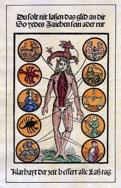 The Man of Sorrow as Homo Signorum. Colored woodcut from Johann Regiomontanus Kalendarius teutsch, Augsburg