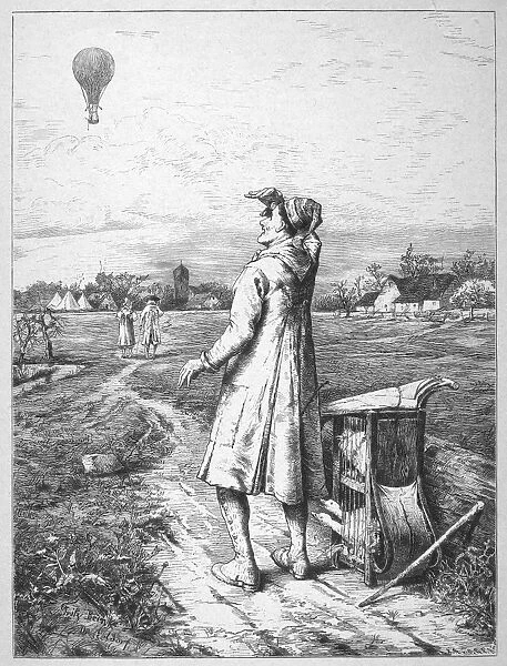 Man watching a hot air balloon ascent. Late 19th century German engraving after a drawing by Fritz Beinke