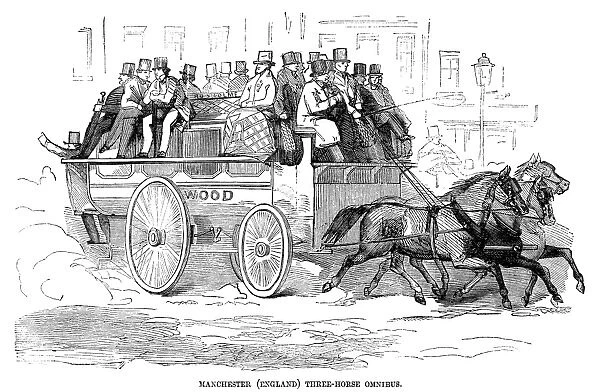 MANCHESTER: OMNIBUS, 1857. A three-horse-drawn omnibus in Manchester, England. Wood engraving
