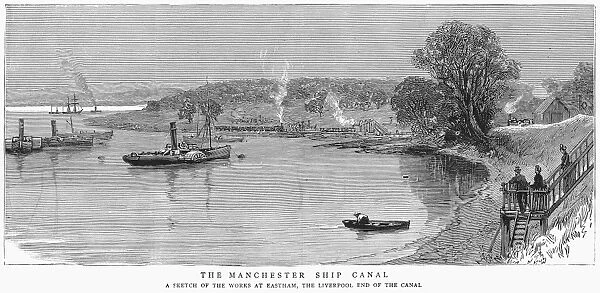 MANCHESTER SHIP CANAL, 1887. The end of the Manchester Ship Canal at Eastham. Wood engraving