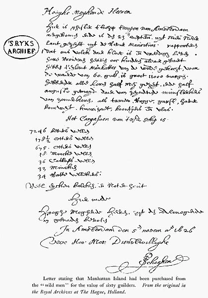 MANHATTAN PURCHASE, 1626. Letter from Pieter Schaghen, board member of the Dutch