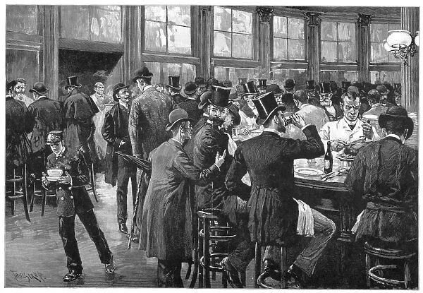 Manhattans business district, 1888. Contemporary line engraving after a drawing by Thure de Thulstrup