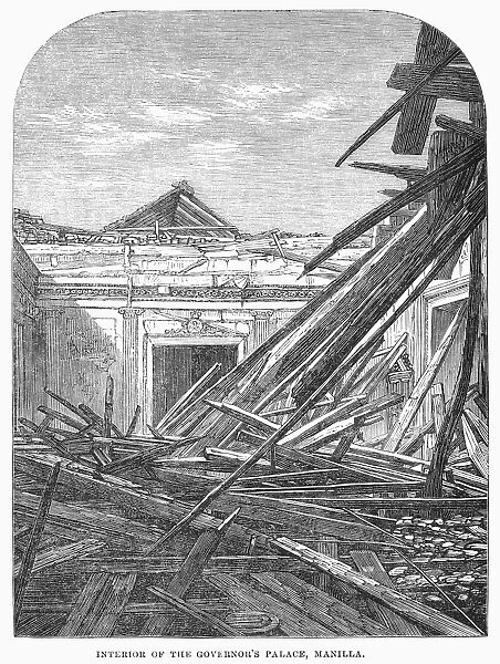 MANILA: EARTHQUAKE, 1863. Interior of the Governors Palace at Manila, Philippines, after the earthquake of 1863. Contemporary engraving from an English newspaper