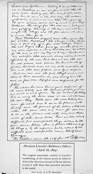 Manuscript of Abraham Lincolns Baltimore Address, delivered 18 April 1864