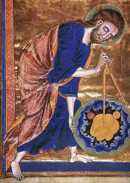 MANUSCRIPT ILLUMINATION. God as the great Architect of the Universe. Illumination from the 13th century French Bible