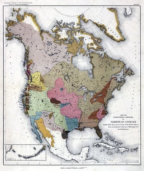 MAP: AMERICAN INDIANS. Map of linguistic stocks of American Indians. Lithograph, 1890