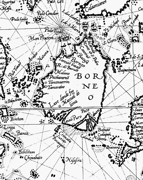 MAP OF BORNEO, 1595. Detail of Borneo from Peter Plancius chart of the Moluccas
