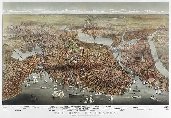MAP: BOSTON, c1873. The City of Boston. Bird s-eye view of Boston, Massachusetts. Chromolithograph, c1873