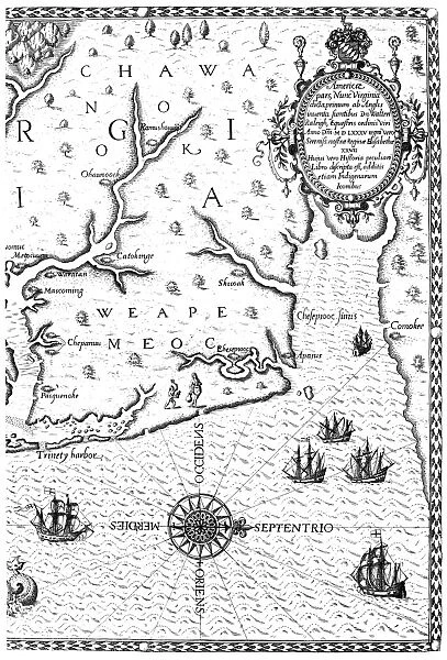 MAP OF CHESAPEAKE BAY, 1590. Detail of Chesapeake Bay engraved by Theodor de Bry, 1590, after John White