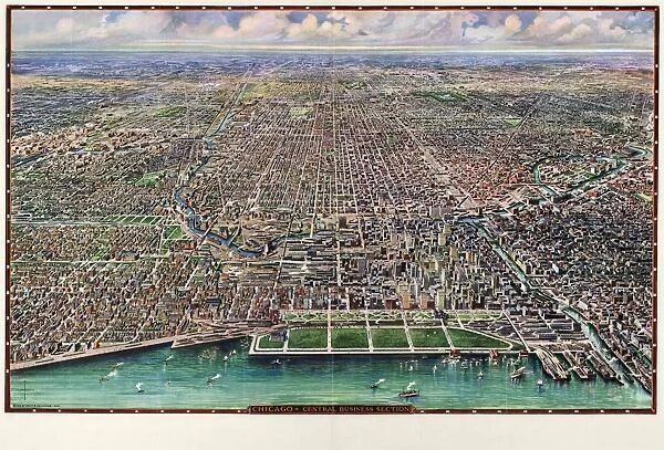 MAP: CHICAGO, 1916. Birds eye view of the central business section of Chicago, Illinois
