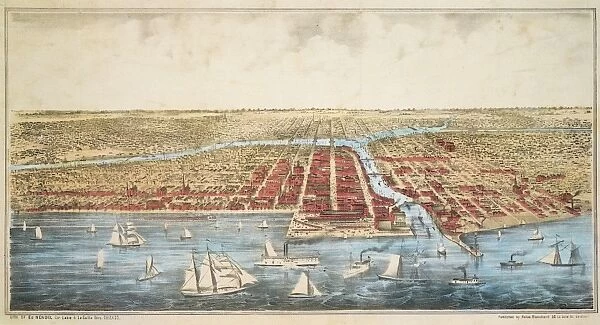 MAP: CHICAGO, c1857. A birds eye view map of Chicago, Illinois, by Edward Mendel