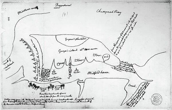 Map drawn by Thomas Jefferson of Milford Haven on Chesapeake Bay and vicinity, showing camp on Gwynns Island and enemy fortifications, June or July 1776