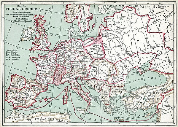 MAP OF EUROPE, 12th CENTURY. A 19th century map of Europe as it was politically constituted in the