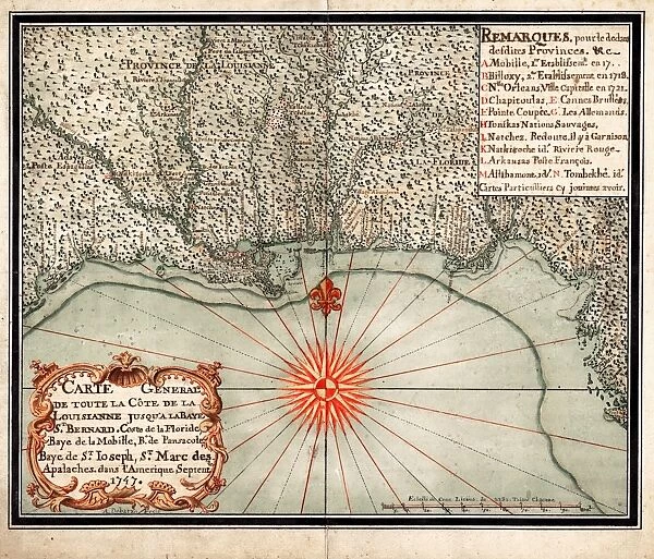 MAP: GULF COAST, 1747. Carte general de toute la cote de la Louisianne... by Alexandre de Batz