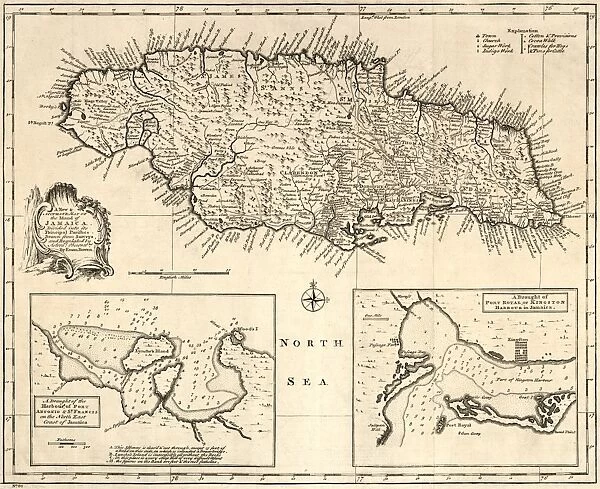 MAP: JAMAICA, 1752. British map of the island of Jamaica, divided into its principal parishes