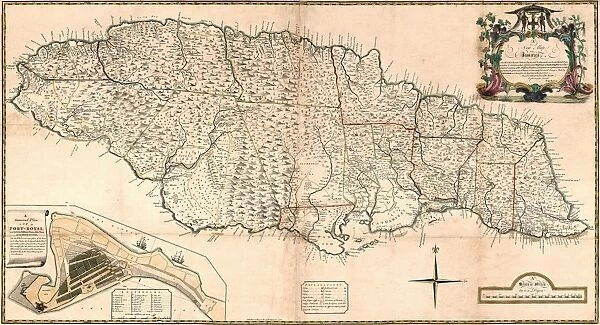 MAP: JAMAICA, 1755. British map of Jamaica from surveys by Mr. Sheffield, drawn by Patrick Browne