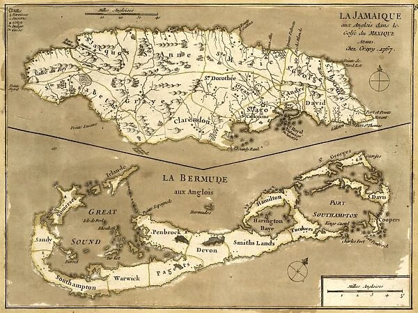 MAP: JAMAICA, 1767. French map of the islands of Jamaica and Bermuda, published 1767