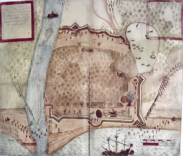 MAP: JOHN WHITE, c1585. The camp of Englishmen on St