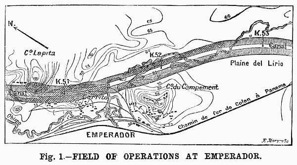 MAP: PANAMA CANAL, 1885. Field of operations at Emperador, Panama, during the aborted