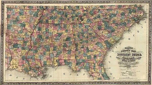 MAP: RAILROAD, 1864. Railway and county map of the Southern States; embracing the States of N. Carolina, S. Carolina, Georgia, Alabama, Florida, Mississippi, Louisiana, Arkansas, and Tennessee... Engraving by Joseph Beuther, 1864