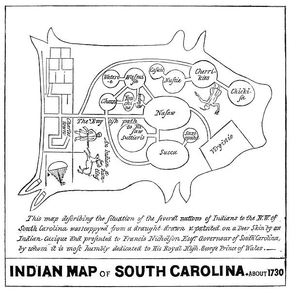 MAP: SOUTH CAROLINA, c1730. Copy of a Cherokee map of South Carolina drawn on a deer skin