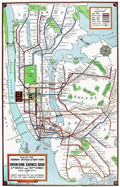 Map of the subway system of New York City, published by the Union Dime Savings Bank, 1940