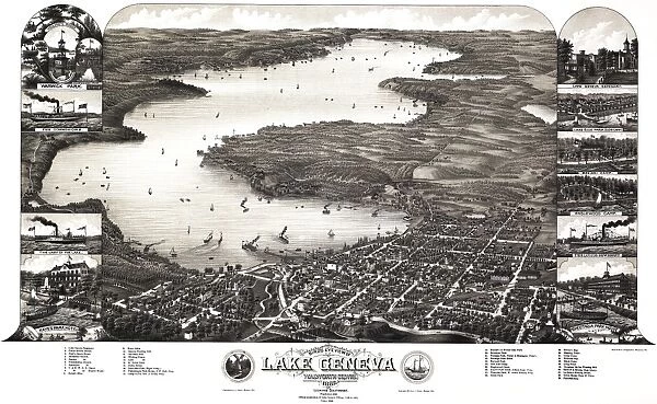 MAP: WISCONSIN, 1882. Aerial view of Lake Geneva, Wisconsin
