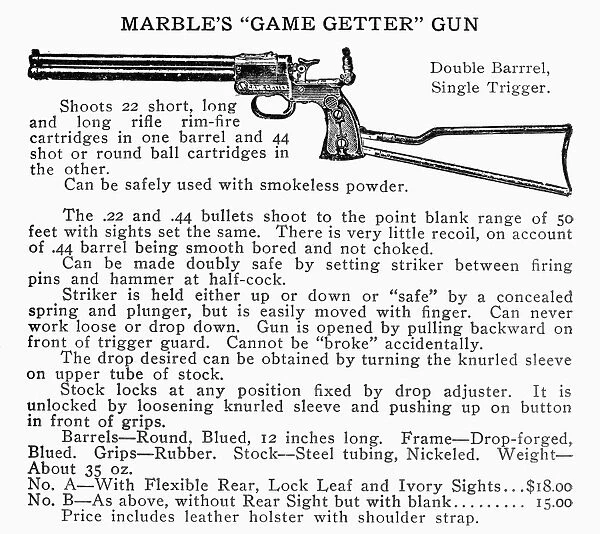 MARBLEs GAME GETTER GUN. Shotgun with a detachable stock. American advertisement, early 20th century