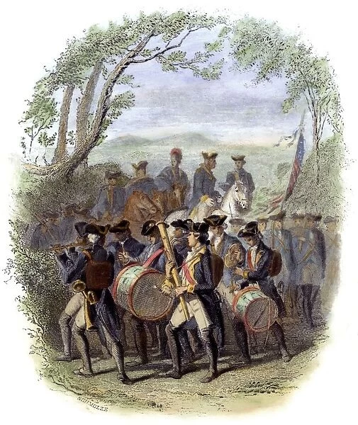 Marching band in the Continental Army during the American Revolutionary War. Colored engraving, c1850, by Karl Hermann Schmolze