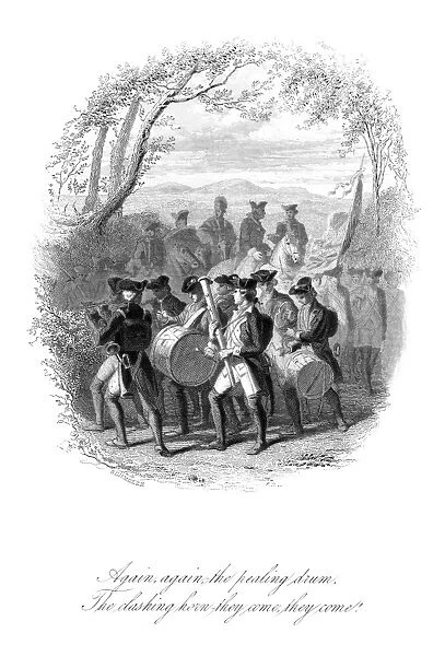 Marching band in the Continental Army during the American Revolutionary War. Steel engraving, c1850, by Karl Hermann Schmolze
