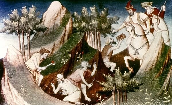 MARCO POLO: RUBY HUNTERS. Marco Polo and the ruby hunters of Badakshan. Miniature, early 15th century, from the Livre de Merveilles